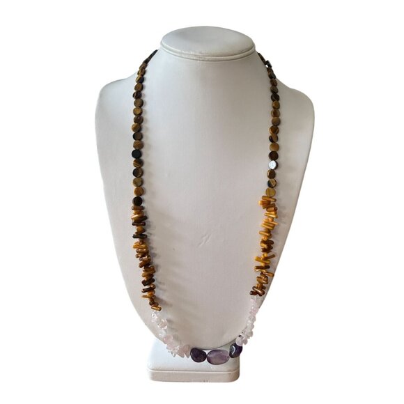 Vintage Tigers Eye Rose Quartz Amethyst Boho Beaded Necklace Barrel Clasp - Picture 1 of 4